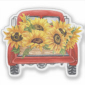 Gele Zonnebloemen Rode Vrachtwagen Waterverf Sticker (Voorkant)