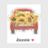 Gele Zonnebloemen Rode Vrachtwagen Waterverf Sticker (Vel)