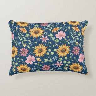 Gele zonnebloemen Roze bloemen Blauwe Worp Accent Kussen