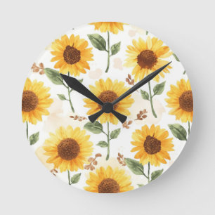 Gele Zonnebloemen Waterverf Bloemige Whimsical Ronde Klok