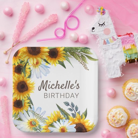 Gele zonnebloemen Witte Dagen Birthday Name Papieren Bordje (Feest)