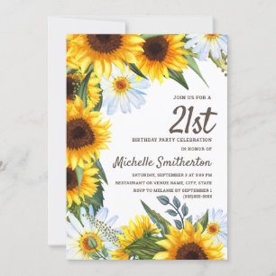 Gele Zonnebloemen Witte Madeliefjes 21e Verjaardag Kaart