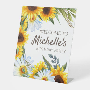 Gele Zonnebloemen Witte Madeliefjes Verjaardags We Reclamebord Met Voetstuk