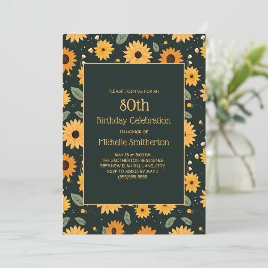 Gele Zonnebloemen Zwart 80e Verjaardag Kaart (Staand voorkant)