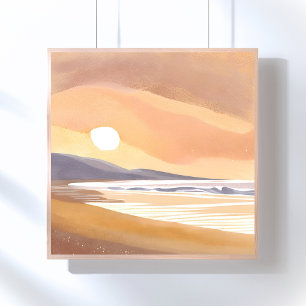 Gele zonsondergang kust Aquarel luchtige schilde Poster