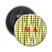 Gele zwarte checkboard: naam monogram naam laat button flesopener (Voorkant)