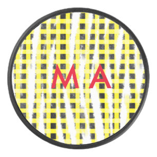 Gele zwarte checkboard: naam monogram naam laat hockey puck