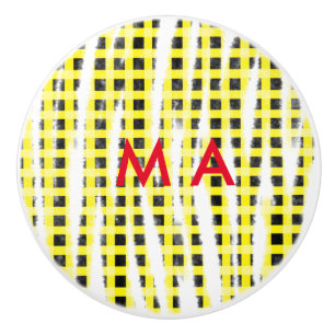 Gele zwarte checkboard: naam monogram naam laat keramische knop