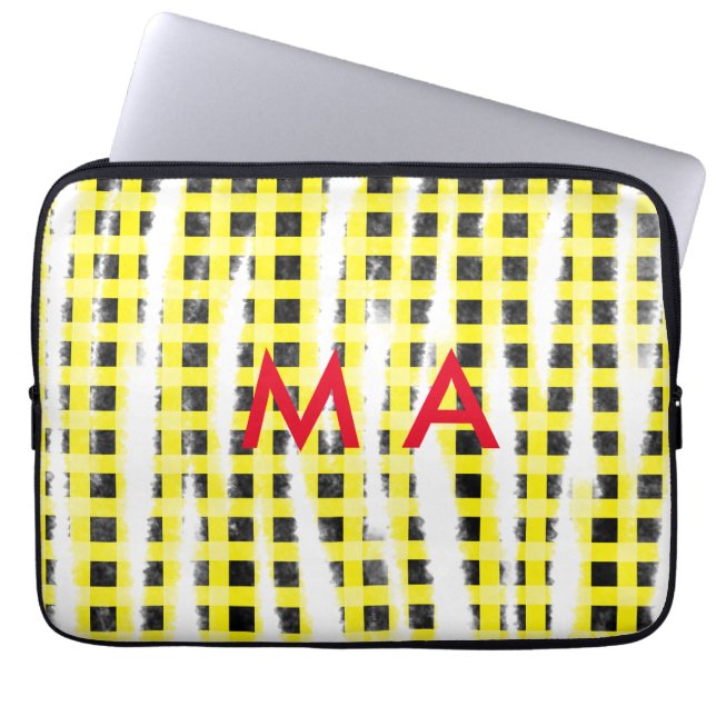 Gele zwarte checkboard: naam monogram naam laat laptop sleeve (Voorkant)