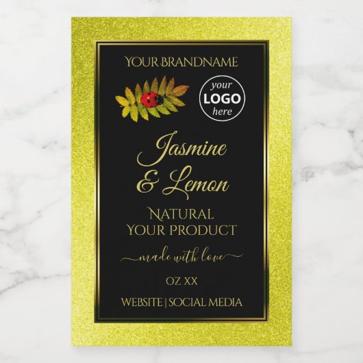 Gele zwarte Glitter-productlabels Ladybug-Logo Voedselcontainer Etiket (Enkel label)