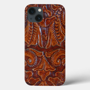 Geleide lederen afdrukking in Cognac Brown iPhone 13 Hoesje