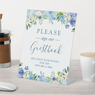 Gelieve ons Guestbook Blue Hydrangea Floral te ond Reclamebord Met Voetstuk