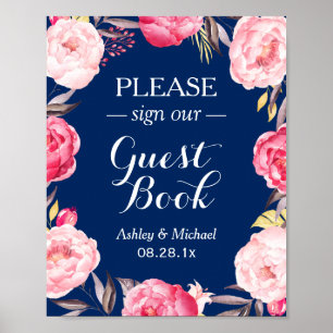Gelieve te ondertekenen Guestbook Navy Blue Floral Poster