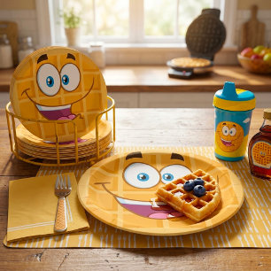 Gelofelijke Wafel Kawaii Glimlachend Ontbijt Eten Papieren Bordje