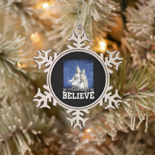 Geloof altijd in Maria Baby Jezus Kerstcitaat Tin Sneeuwvlok Ornament