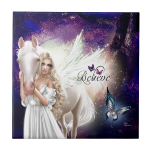 Geloof Fantasy Fairy Angel met White Horse Tegeltje