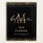 Geloof Gouden Glitter 2024 Monogram Naam Zwart Planner (Voorkant)