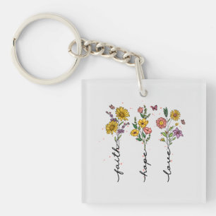 "Geloof-hoop-liefde"   Inspirerend bloemenontwerp Sleutelhanger