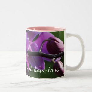 Geloof Hoop Liefde Monogram Naam Roze Orchidee Blo Tweekleurige Koffiemok