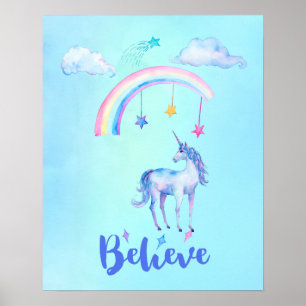 Geloof in een Unicorn onder een regenboog Poster