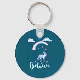 Geloof in een Waterverf Unicorn onder een regenboo Sleutelhanger