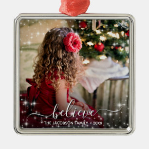 Geloof in Kerstmis. Foto & White Stars Holiday Metalen Ornament