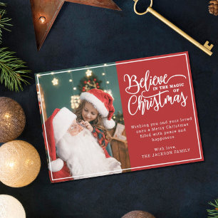 Geloof in Kerstmis magie 2 familiefoto's rood Feestdagenkaart