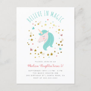 Geloof in Magic Gold Stars Unicorn Girl Birthday Uitnodiging Briefkaart