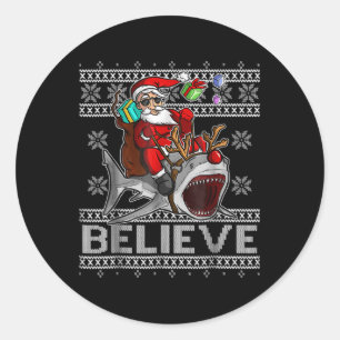Geloof in Santa Riding Shark, Kerstmis, lomp zwete Ronde Sticker