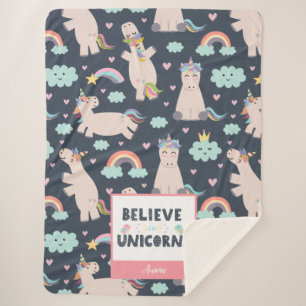 Geloof in Unicorns Blue en Pink Girl Pattern Kind Sherpa Deken