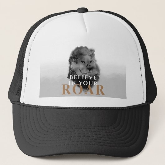 Geloof in uw Roar Black en White Lion Trucker Pet (Voorkant)