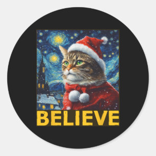 Geloof Kerst Shirt Sterrennacht Van Gogh Kat Ronde Sticker