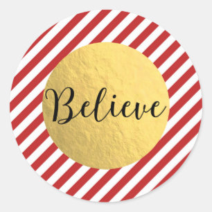 Geloof Kerstvakantie Rode Strepen Gouden Folie Ronde Sticker