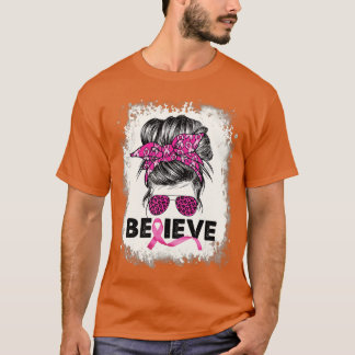 Geloof Messy Bun Breast Cancer Awareness Pink Rib T-shirt