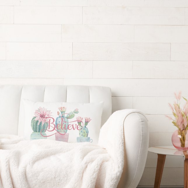 Geloof Quote Green Cacti roze Succulent Flower Kussen (Bank)