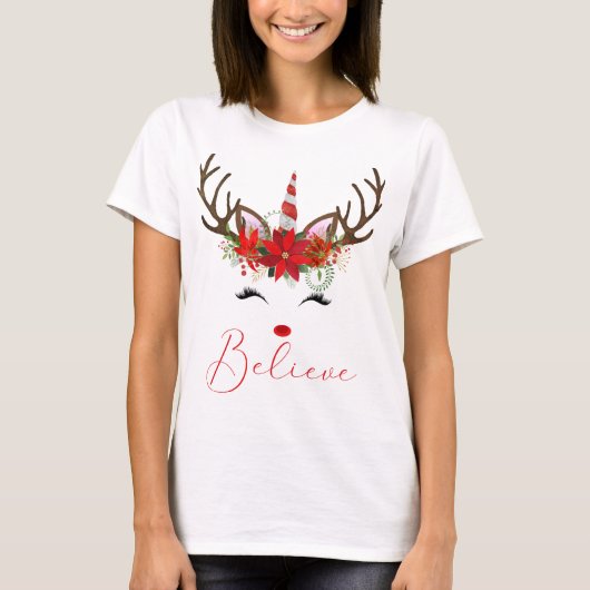Geloof Rood en Wit Poinsettia Reindeer Unicorn T-shirt (Voorkant)