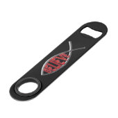 Geloof vis - rood speed flessenopener (Voorkant Gekanteld)