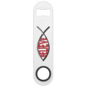 Geloof vis - rood speed flessenopener (Achterkant)