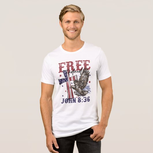 Geloof & Vrijheid: Johannes 8:36 Tri-Blend Shirt (Voorkant volledig)