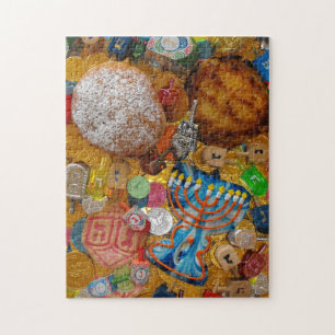 Gelt, Dreidels, Menorah, Sufganiot en Latke Legpuzzel