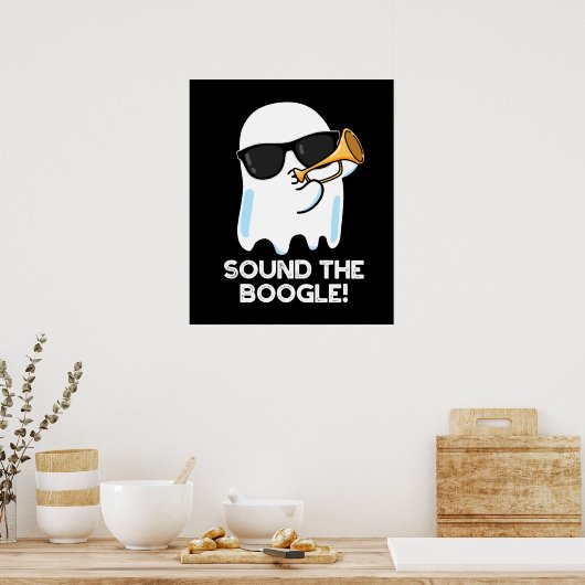 Geluid van de grappige ghost Bugle Pun Dark BG Poster (Keuken)