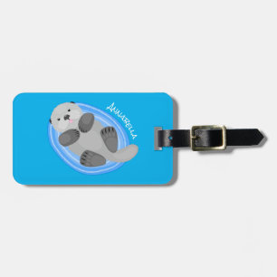 Geluidsgeluk zee otter blauwe cartoon illustratie bagagelabel
