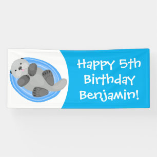 Geluidsgeluk zee otter blauwe cartoon illustratie spandoek