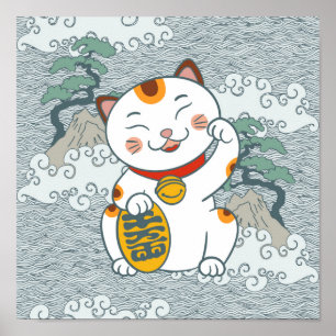 Geluk Cat Calico Katte Maneki Neko Linkerpoot Poster