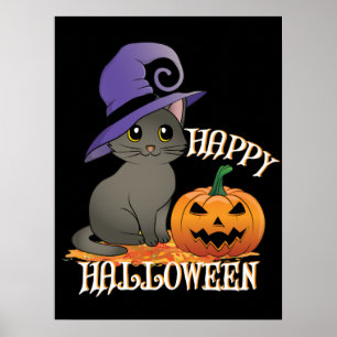 Geluk Halloween Cat met pompoen Poster