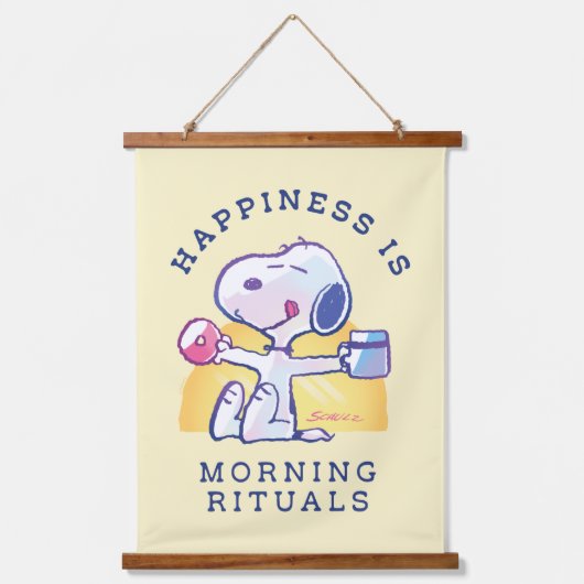 Geluk is een ochtendritueel hangend wandkleed (Voorkant)