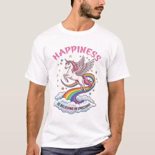 Geluk Is Het Geloven In Eenhoorns Regenboog Wolken T-shirt