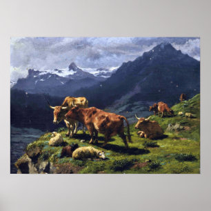Geluk - Runderen en schapen in een Alpenlandschap Poster