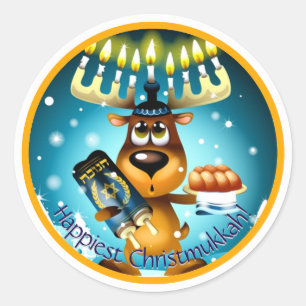 Geluk van Christmukkah Hanukkah Kerstrendierster Ronde Sticker