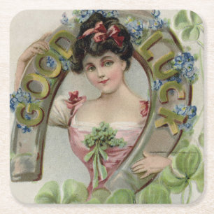 Geluk - Vintage St. Patrick's Day Kaart Vierkante Kartonnen Onderzetter